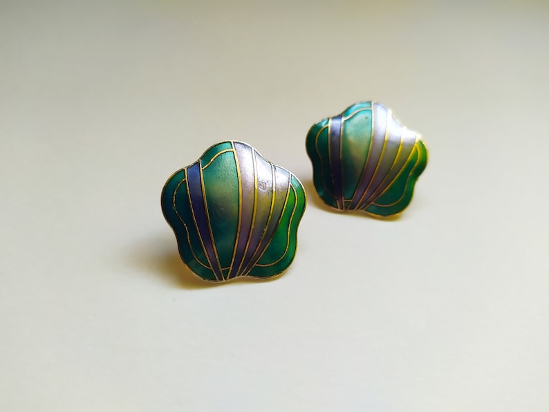 Enamel green earrings stud Flower earrings gold Large vintage 70s earrings