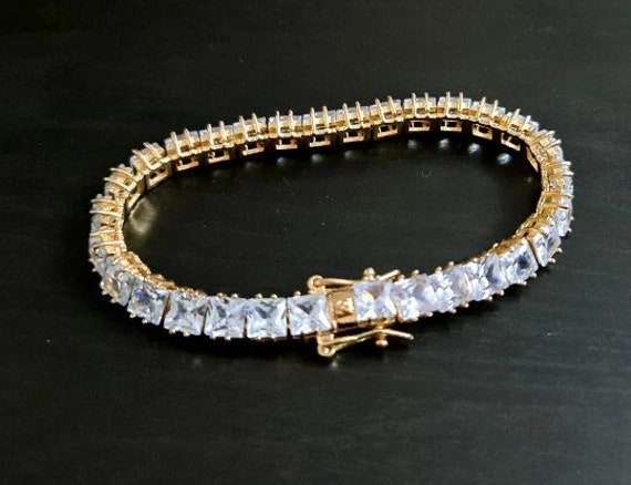 Clear rhinestone tennis bracelet Gold plated crys… - image 1