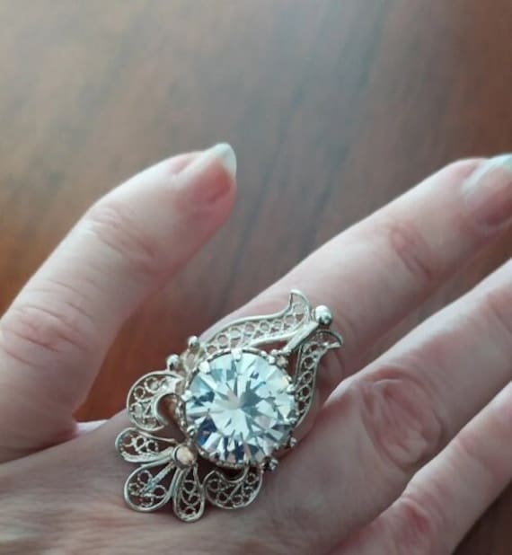 Natural white zircon ring Large filigree diamond … - image 1