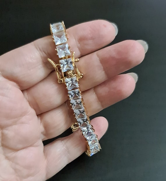 Clear rhinestone tennis bracelet Gold plated crys… - image 10