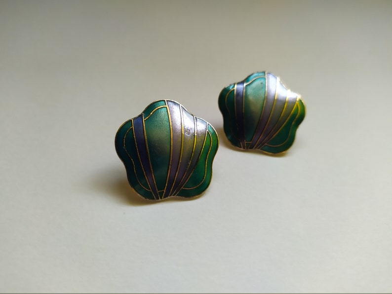 Enamel green earrings stud Flower earrings gold Large vintage 70s earrings