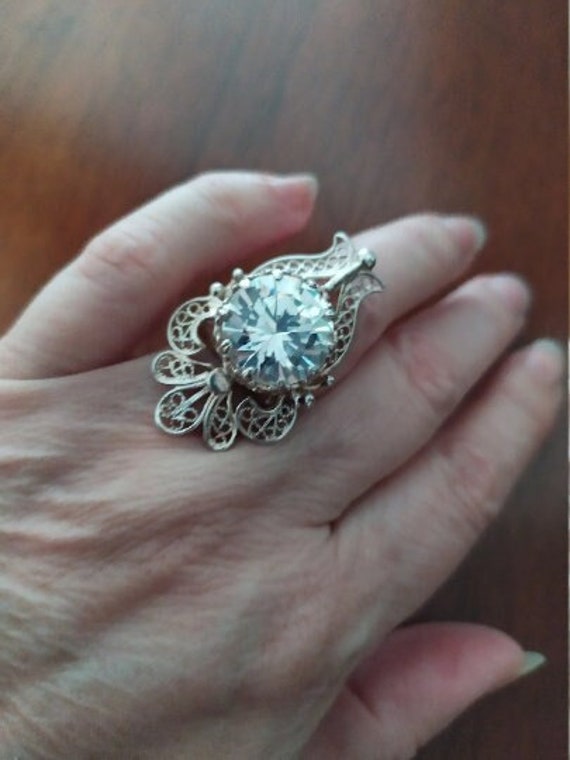 Natural white zircon ring Large filigree diamond … - image 4