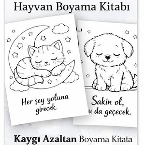 May include: Black and white coloring book pages featuring a sleeping cat on a crescent moon and a puppy. Text includes "Relax and Sleep", "Animal Coloring Book", and "Anxiety Reducing Coloring Book".