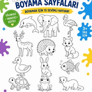 以下が含まれることがあります： 「HAYVANLAR BOYAMA SAYFALARI」というタイトルの塗り絵。イルカ、ゾウ、キツネなど、15種類の動物の輪郭が描かれています。3歳以上のお子様向け。トルコ語のテキストが含まれています。