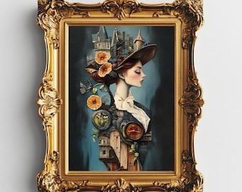 Surrealistyczna Steampunkowa Wiktoriańska Kobieta – Fantazyjny Cyfrowy Wydruk Sztuki Ściennej