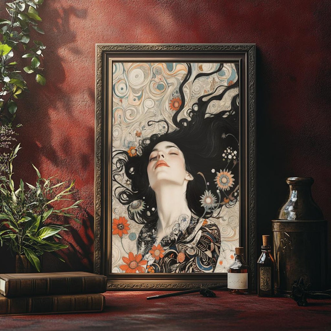 Psychedelic Woman Surreal Digital Print Art Floral Fantasy Poster Dark ...