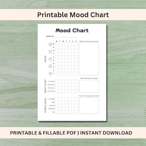 Op de afbeelding: Printbare mood chart met een raster om stemming, slaap en stressniveaus bij te houden. De kaart bevat secties om op te schrijven wat de stemming, slaap en stress heeft beïnvloed.