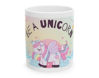 Mug licorne pastel : tasse à café fantaisiste en céramique, motif arc-en-ciel (11 oz)