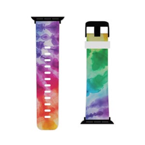 May include: Two watch bands with a colorful watercolor design. One band features a gradient of purple, red, orange, and yellow. The other band has a green, blue, and purple watercolor design. Both bands have black connectors.
