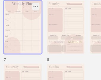 May include: A weekly planner in pink and white. The planner is divided into sections for each day of the week, including Monday, Tuesday, Wednesday, Thursday, Friday, Saturday, and Sunday. Each day has sections for priorities, to-do list, time plan, and money in and out. The planner also includes a section for overall mood and water intake.