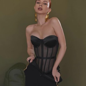 Corset Top • Sheer Boned Corset with Cups • Strapless Satin Corset • Elegant Lingerie Bustier • Custom Size Corset in Multiple Colors