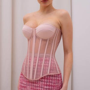 Pink Corset Top • Sheer Boned Corset with Cups • Strapless Satin Corset • Elegant Lingerie Bustier • Custom Size Corset in Multiple Colors