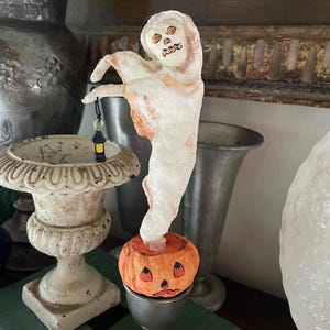 Spun Cotton Spooky Ghost with Pumpkin Halloween ornament decoration