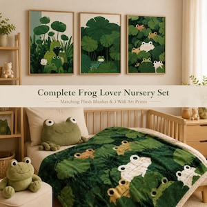 May include: A nursery set featuring three framed wall art prints of frogs in lily pads and a plush green frog-shaped pillow on a bed with a matching green blanket patterned with frogs and lily pads, labeled Complete Frog Lover Nursery Set.