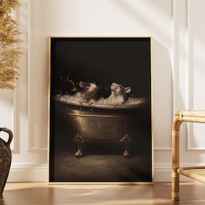 Póster de dos ratas en la bañera | Arte adorable de roedores | Decoración divertida para el dormitorio