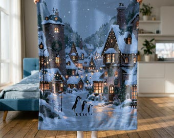 Pluche deken met winterse pinguïnfamilie, knusse kerstdeken, fleece beddengoed met sneeuwtafereel