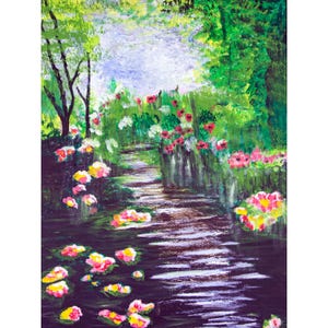 Creek flowing through a forest with colorful flowers. Acrylic painting, 14 in. x 18 in.