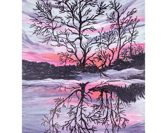 May include: An acrylic painting of a landscape with a sunset sky reflected in water. Silhouetted black trees are in the foreground and reflected in the water. The sky transitions from pink to purple.