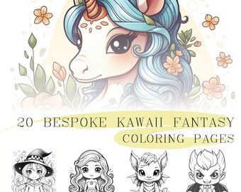 May include: A set of 20 coloring pages featuring cute, whimsical characters in a kawaii fantasy style. The characters include a unicorn, a witch, a mermaid, a dragon, and a vampire.
