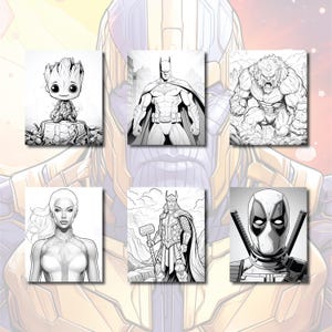 May include: Black and white illustrations of various comic book characters, including Groot, Batman, a werewolf, Thor, and Deadpool.