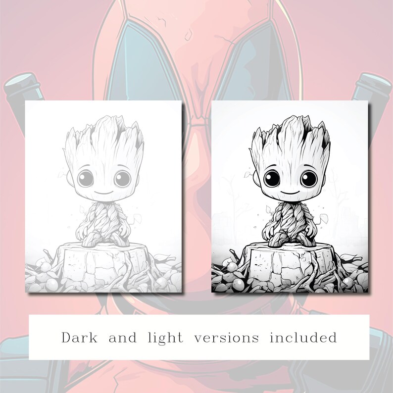 May include: Two black and white line drawings of a cartoon character, Groot from Guardians of the Galaxy, sitting on a tree stump. The character is smiling and has a small, round body with a large head. The drawings are identical except for the background, which is more detailed in the second drawing.