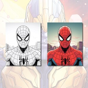 May include: A black and white line drawing of Spider-Man with a red and blue colored version of the same image next to it. Both images show Spider-Man's face and upper torso.