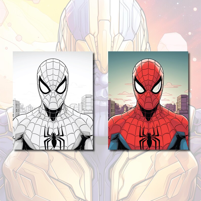 May include: A black and white line drawing of Spider-Man with a red and blue colored version of the same image next to it. Both images show Spider-Man's face and upper torso.