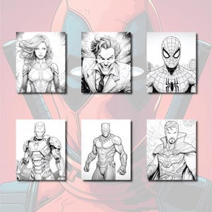 May include: Black and white line art illustrations of various comic book characters, including Spider-Man, Iron Man, Captain Marvel, Joker, Black Panther, and Doctor Strange.