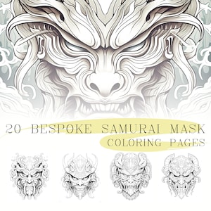 20 Samurai Masks Coloring Pages, Japanese coloring sheets, adult & kids colouring, instant download, printable PDF files, Samurai warriors