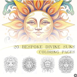 May include: A colouring book with 20 pages featuring intricate illustrations of suns with faces. The cover shows a colourful sun with a smiling face.