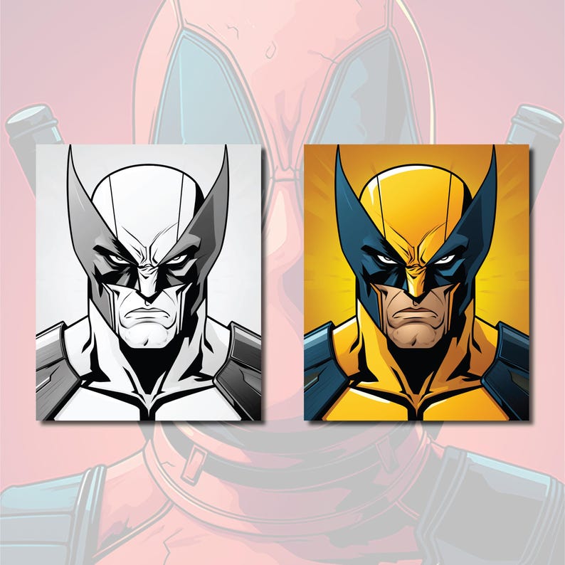 May include: A black and white line art illustration of Wolverine's face with a yellow and blue colored version of the same illustration.