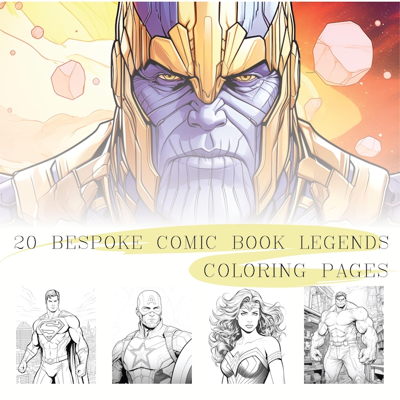 May include: A set of 20 coloring pages featuring comic book legends. The pages include black and white illustrations of Superman, Captain America, Wonder Woman, and the Hulk. The title "20 Bespoke Comic Book Legends Coloring Pages" is displayed at the top of the image.