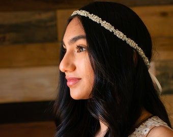 Silver or Rose Gold Vera Wedding bridal headpiece crystal headband headpiece satin ribbon vintage inspired art deco style