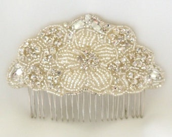 Lucy Vintage Inspired Wedding Bridal Crystal Rhinestone Beaded Hair Comb with Ivory Pearls