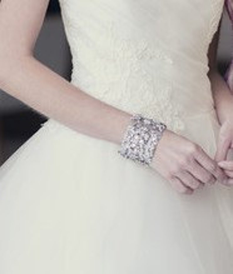 Bridal cuff bracelet, wedding bracelet, wedding jewelry, antique silver, vintage style bracelet, Swarovski crystals, Dramatic, wide bracelet image 1