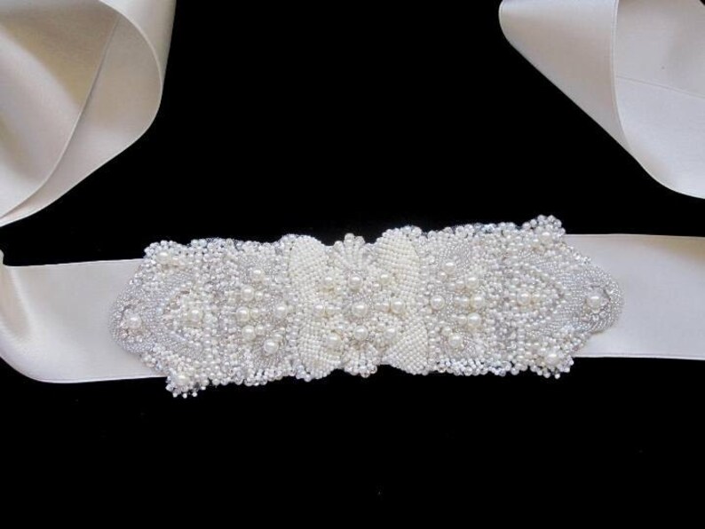 Wedding bridal dress gown pearls beaded jeweled crystal belt embellishment pearls image 3