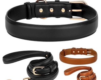 Dog pet genuine leather collar wide metal details and leash set