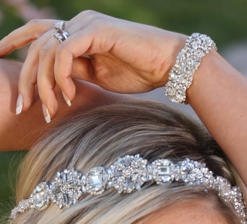 Dina Wedding Bridal Rhinestone Crystal Bracelet Cuff with Button Closure image 2