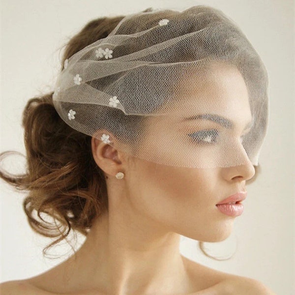 Wedding Bridal Birdcage Veil Veiling blusher flower accents ivory