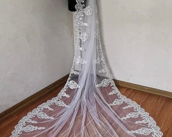 Wedding Veil with lace edge cathedral long length ivory bridal