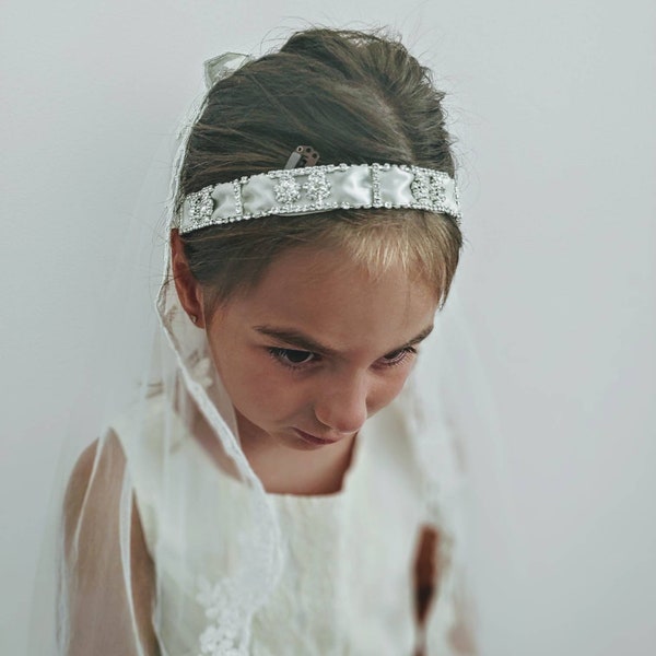 Flower Girl Communion Bridal Rhinestone Crystal Headband Headpiece Halo Pearls Satin Ribbon