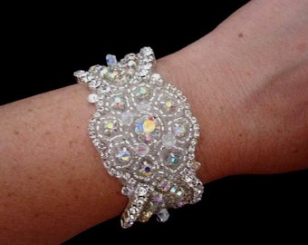 Wedding Bridal Beaded Crystal Bracelet Cuff Crystal AB color