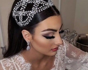 Wedding bridal headpiece crystal headband CZ crystals silver oversized tiara headdress