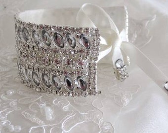 Wedding Bridal Rhinestone Crystal Bracelet Cuff with Ribbon Closure