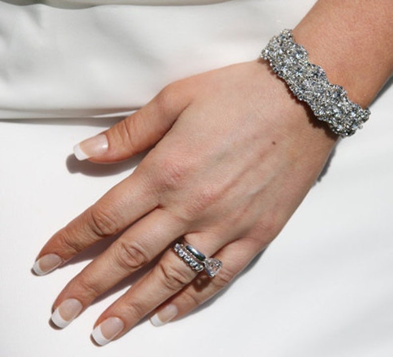 Dina Wedding Bridal Rhinestone Crystal Bracelet Cuff with Button Closure image 3