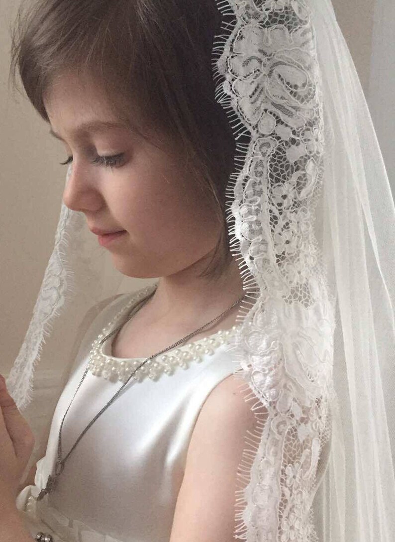 First Holy Communion Veil With Lace Trim Ivory Etsy