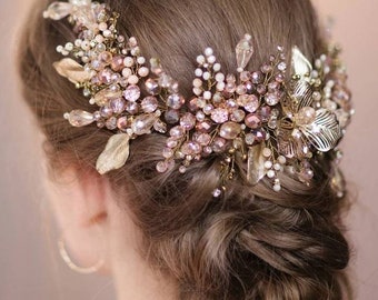 Diadème de fil rose or rose, couronne de cheveux en cristal, feuille de vigne de cheveux, diadème de mariage de fil, diadème de fil torsadé, couronne de cristal, diadème de mariée en cristal