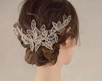Wedding Bridal gold Hair Vine Leaf wire Side Piece Crystals and Pearls gold comb bun oversized