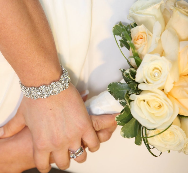 Dina Wedding Bridal Rhinestone Crystal Bracelet Cuff with Button Closure image 4