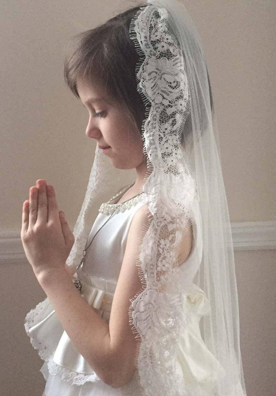 First Holy Communion Veil With Lace Trim Ivory Etsy